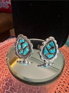 Signed Sterling, Turquoise Vintage Cuff Links